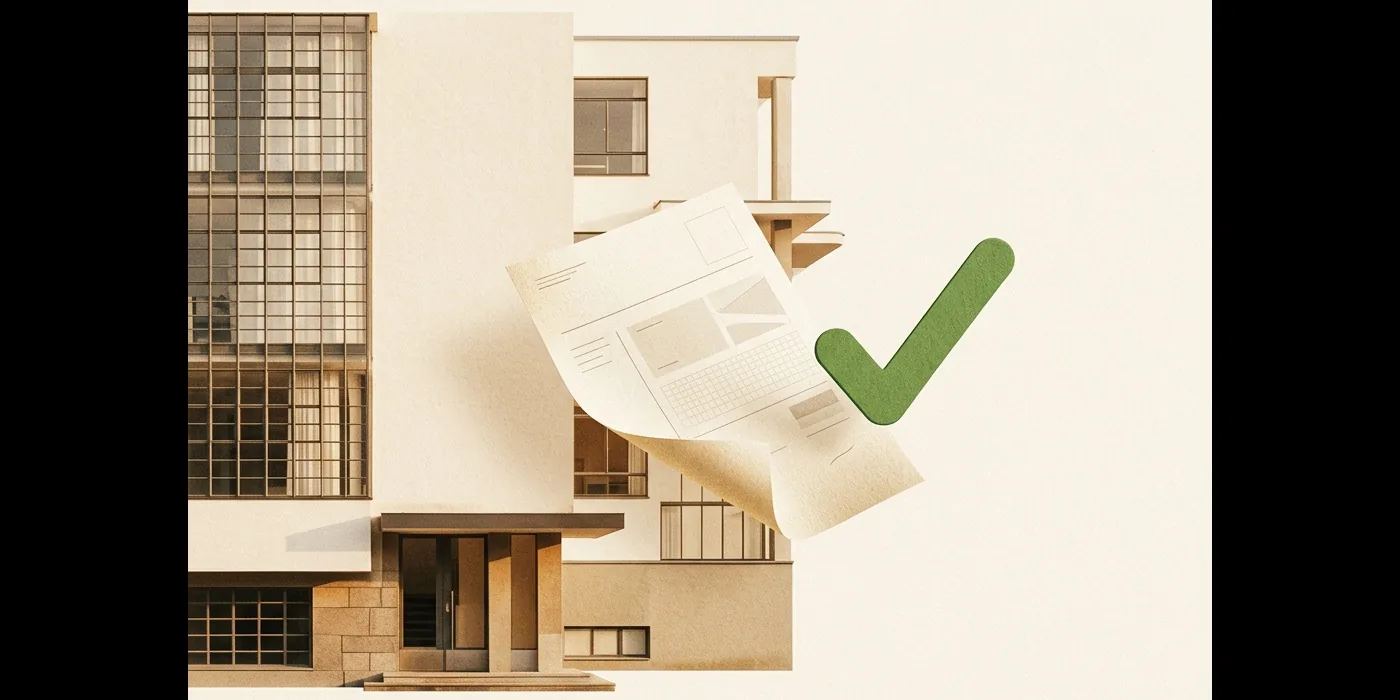 Bauhaus-Architektur mit schwebendem Dokument und grünem Haken