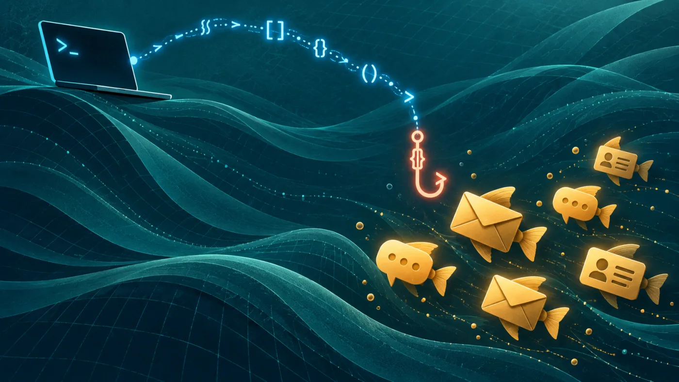 A laptop casts a line of code like a fishing rod towards a school of fish shaped like emails, chat bubbles and contact cards