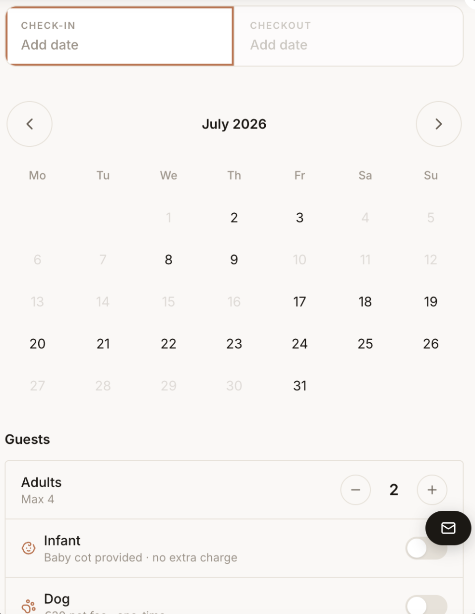 Smoobu availability calendar — mobile view