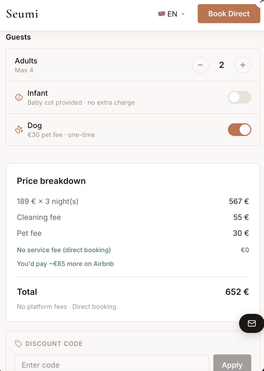 Price breakdown with discount code input — mobile view