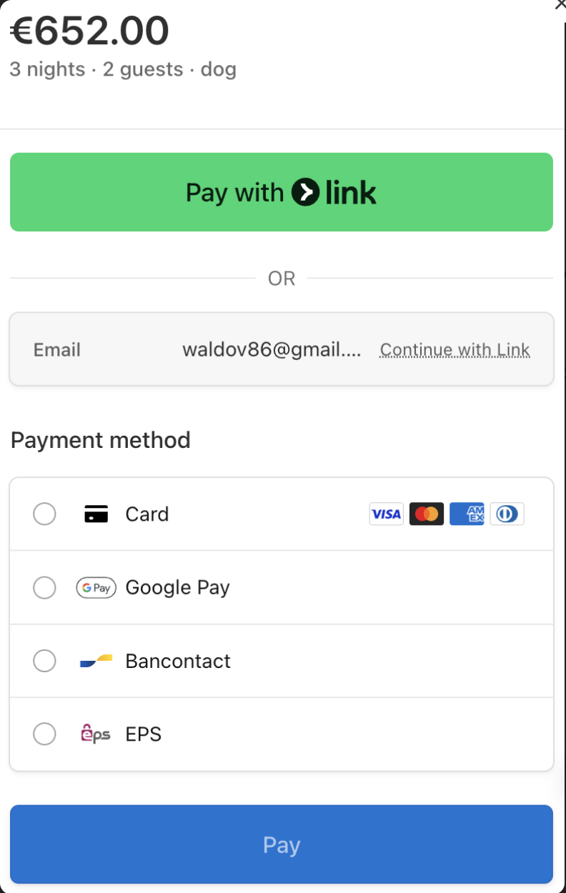Stripe PaymentElement on the booking site — Link, card, Google Pay, Bancontact