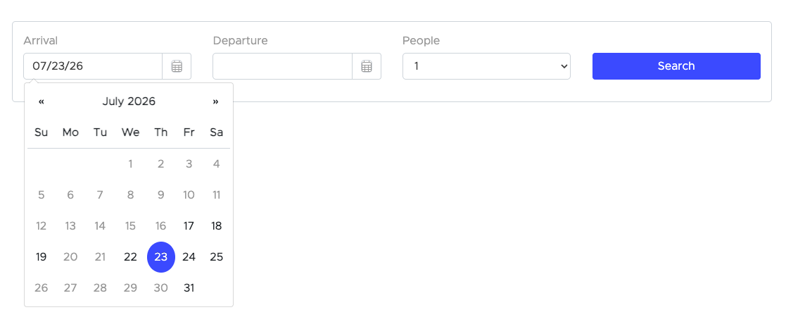 Smoobu widget arrival calendar — all dates selectable, no availability filtering