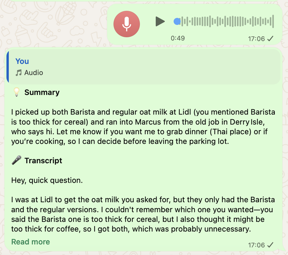 WhatsApp reply showing a 💡 Summary and 🎤 Transcript for a voice message about buying oat milk at Lidl
